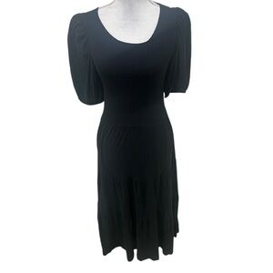 Nation Black Scoop Neck Midi Dress Puff Sleeves smock top tiered skirt Medium
